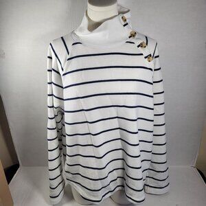J.Crew Women White Navy Stripe Button Neck Long Sleeve Cotton Blend Tunic Size L